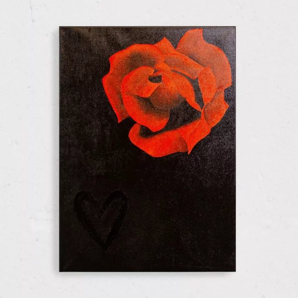 Öl Leinwandkunst mit rote Rose auf schwarze hintergrund und herz